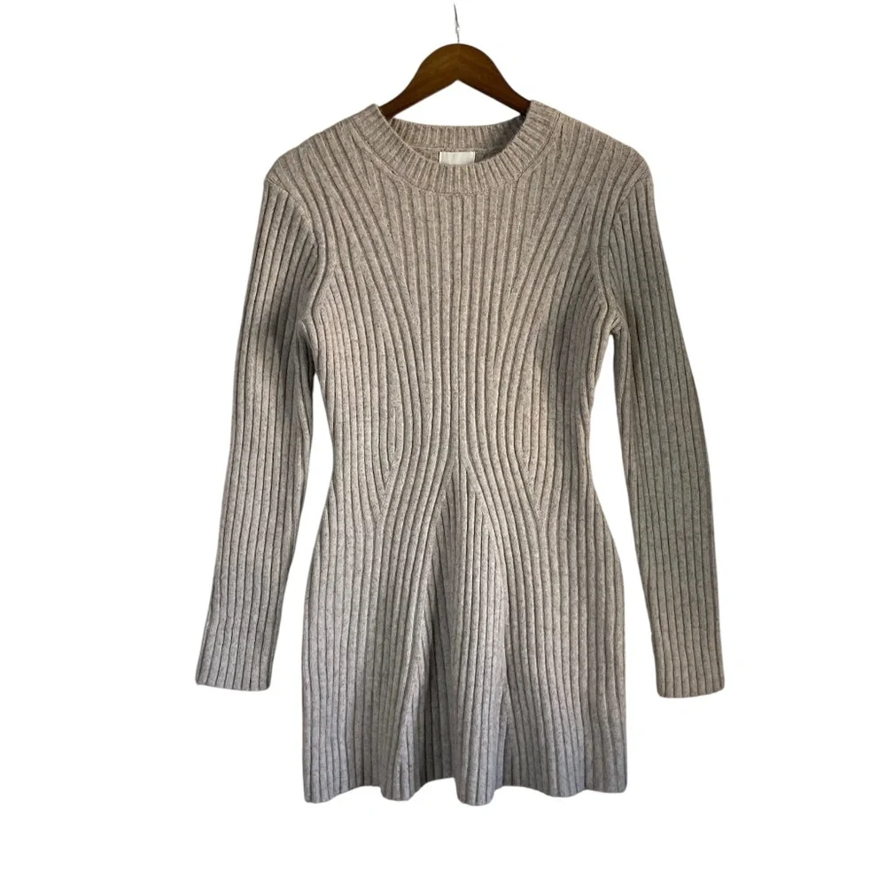 Rib Knit Mini Flare Sweater Dress Oatmeal Grey/Cream NWOT - Picture 2 of 7